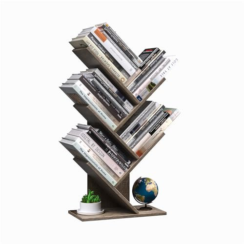 R RUISHENG 5 Tier Small Tree Bookshelf Desk Book Organizer Narrow Bookcases for Books Magazines CDs Free Standing Retro Wooden Storage Shelves for Home Office Bedroom Living Room Oak Grey