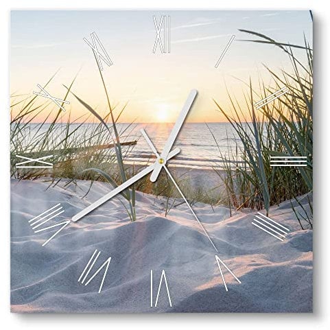 DEQORI Glasuhr | 30x30 cm | Motiv Ostsee Sonnenuntergang | ausgefallene leise Design Uhr aus Glas | Wanduhr für Wohnzimmer & Küche | moderne Hingucker Uhr für die Wand