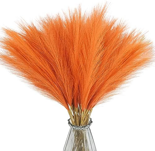 obbsie 50 piezas de decoración de hierba de pampa sintética naranja quemado, 21.6 pulgadas, hierba pomposa artificial corta de 21.6 pulgadas, flores de color naranja falso, ramas de hierba, arreglos