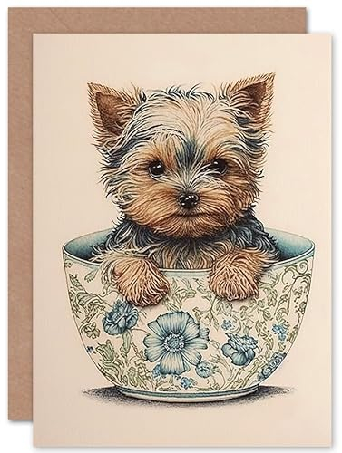 Artery8 Cute Teacup Yorkshire Terrier Dog in Floral Pattern Tea Cup Watercolour Illustration Art Birthday Sealed Greeting Card Plus Envelope Blank inside