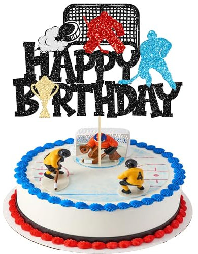 1Pc Happy Birthday Cake Topper Glitter Ice Hockey Player Sports Theme Cake Pick Decorations for Baby Shower Boys Girls Birthday Party Supplies Black