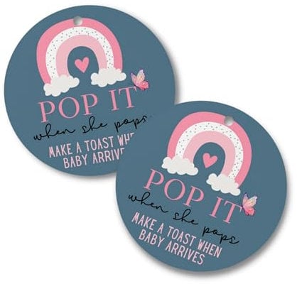 Pop It When She Pops Pink Rainbow Butterfly Boho Circle Hang Tags | 30 pk 2.5” for Baby Shower Gender Reveal Party Favor Champagne Mini Bottle Labels