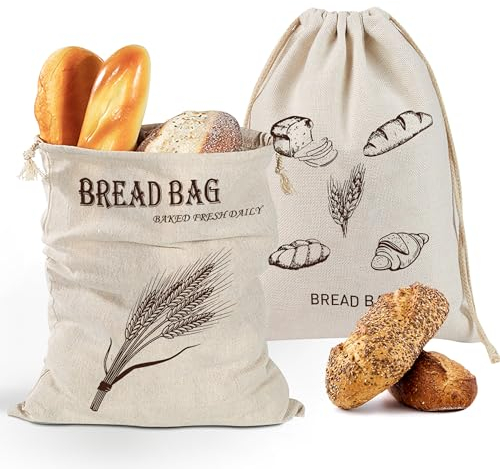 OioTuyi 2 Pcs Natural Linen Bread Bags For Homemade Bread, 40x30 Cm Reusable Bread Storage Bags To Keep Bread Fresh, Eco Friendly Food Storage