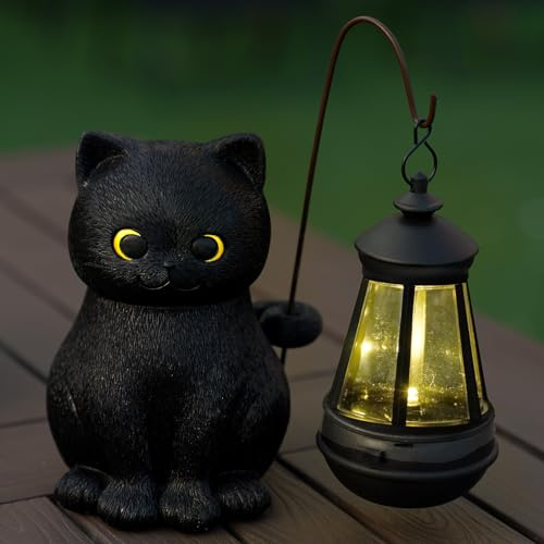 Hkojewp Solar Garden Statue Cat Figurine, Black Cat Statues Garden Decor with LED Light Outdoor Statue for Yard Patio Balcony Lawn Ornament, Housewarming Gifts for Grandma Mom Dad