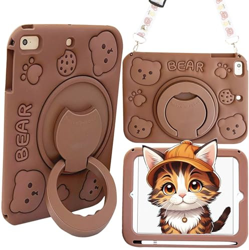 A-BEAUTY Étui pour Enfants pour iPad 9.7 2018/2017, iPad 6e/5e Génération/iPad Air/iPad Air 2/Pro 9.7, avec Support Rotatif à 360°, Porte-Crayon, Bandoulière, Ours Mignon