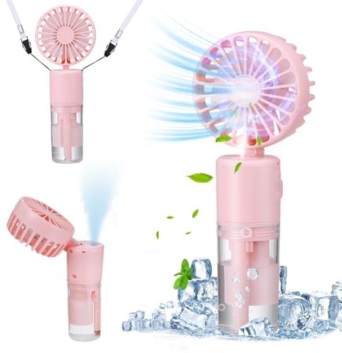 JIZZU Ventilador de Mano, 4000mAh Tipo-C Recargable Ventilador Pequeño, 4 Velocidades Con 20ml de Agua de Enfriamiento en Spray para el Hogar Oficina Viajes al Aire Libre y Camping (Rosa)