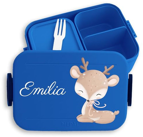 Kinder Bento Box Midi Lunchbox für Mepal Bentobox - Süßes Reh mit Name personalisiert I Rehlein Waldtier - 900 ml - Blau - brotbox mädchen schule personalisierte brotdose kindergarten rehkitz