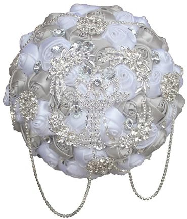 Fasksh Avorio sposa damigelle d'onore mano bouquet fatto a mano raso rosa fiori di lusso strass matrimonio sposa holding bouquet (colore: argento bianco)