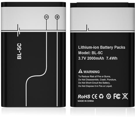 2 Pièce 2000mAh BL-5C Batterie Rechargeable Compatible avec Nokia Le Téléphone et la Radio Domestique, 3,7V Batterie pour 6230 6330 6263 6267 6270 6555 6600 6630 6670 6680 6681 6682 6820