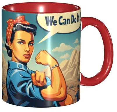 BROLEO Mug classique rouge en céramique pour cappuccino, latte, céréales, yaourt, lait, boissons chaudes ou froides, four à micro-ondes We Can Do It Picture
