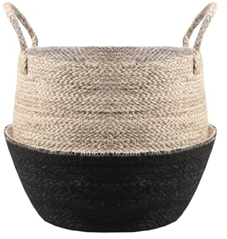 Jute Woven Foldable Belly Basket, Multi-Purpose Storage Bin (Natural & Black, Small (32cm))