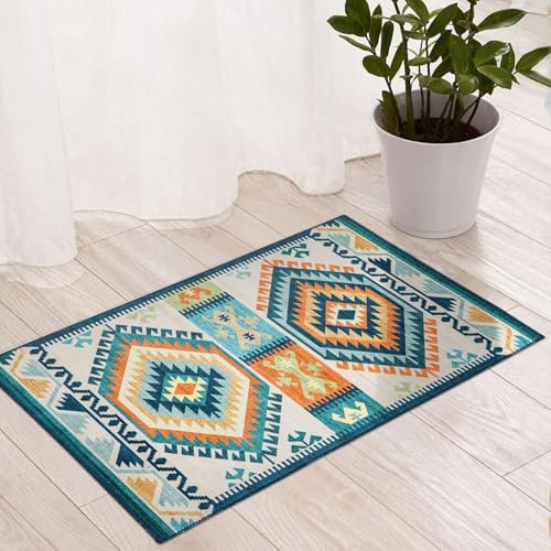 TALETA Fußmatte innen waschbare, dünn Fussmatte bunt, Kleiner Teppich Vintage Bettvorleger rutschfest für Schlafzimmer, fußmatten für Haustür, Küche, Ecke, Vor dem Bett - grün, 50 x 80 cm