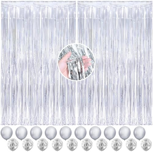 2PCS 2Mx1M Silver Metallic Tinsel Curtain With Balloons, Sparkle Foil Glitter Curtain Backdrop For Baby Shower Birthday Bachelorette Holiday Party Decorations