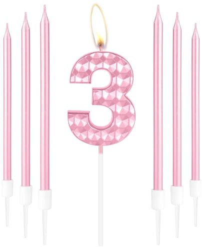 3rd Birthday Decorations - Pink 3D Number 3 Candles, Cake Topper for Girls Kids Women Birthday Party Wedding Anniversary Supplies