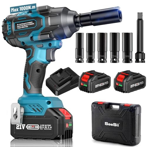 SEESII Cordless Impact Wrench High Torque 1000N.m(738 ft-lbs), 1/2 Brushless Impact Gun w/Two 4.0AH Battery, Fast Charger, 5 Sockets & Storage Case, Electric Impact Driver for Car Truck