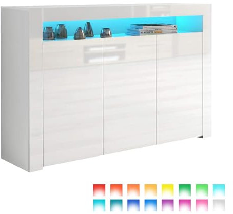 UMAIL Sideboard with LED Lights High Gloss Cabinet 3-Door Cupboard Storage Unit TV Stand Unit for Living Room Bedroom Dining Room, 152x35x97cm, White