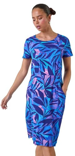 Roman Originals Shift Dress with Pockets for Women UK - Ladies Summer Autumn Winter Smart Casual Work Short 3/4 Sleeve Tunic Knee Length Pleated Gathered Waist Tea Loose - Petite Blue - Size 16