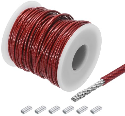 sourcing map 98Ft(30M) Wire Rope 304 Stainless Steel Cable 1/16 (1.5 mm) Vinyl Coated with 6Pcs Aluminum Sleeves for Hanging, Clotheslines, Lifting Red