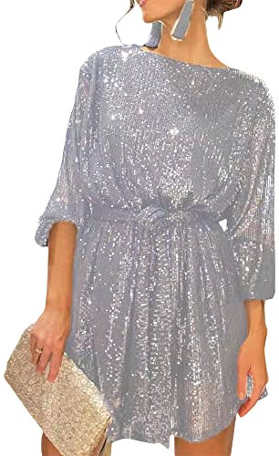 Women Sparkle Glitter Mini Dress Long Sleeve Crew Neck Loose Fit Short Dress Cocktail Party Club Dresses with Belt (B-Silver, L)
