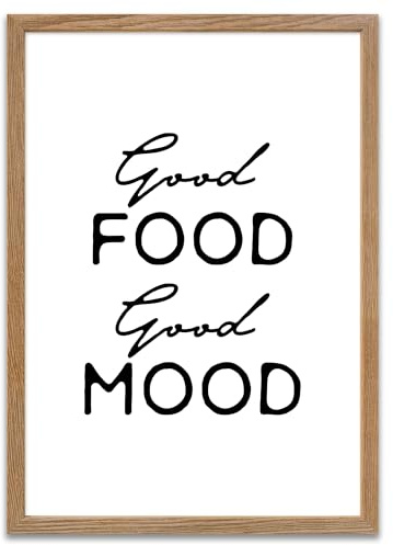 ARTFAVES® Poster - Good Food Good Mood | Wanddeko Wandbild Spruch Essen und Trinken Küche | mit Rahmen Eiche | 30 x 40 cm