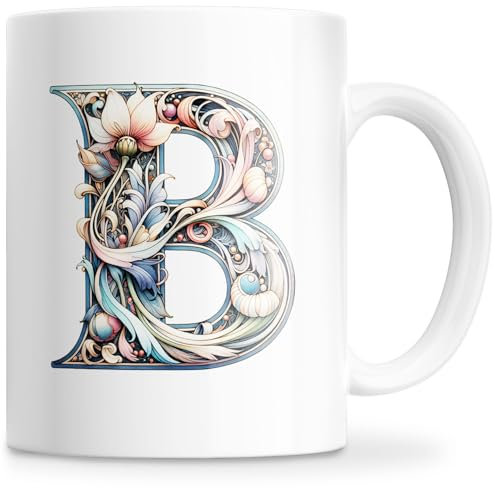 Tazza personalizzata con lettera iniziale del nome - Tazza in ceramica 350 ml con motivo floreale, regali originali per donne, mamma, amici, lavabile in lavastoviglie e forno a microonde (B)