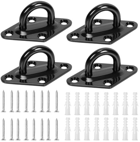 Swpeet 4Pcs M8 304 Stainless Steel Black Rhombus Pad Eye Plate Hook with Screws and Plastic Anchors Assortment Kit, Marine Hardware Hooks Ceiling U Hook Staple Ring Hooks for Securing Hanging