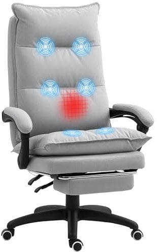 Vinsetto Bürostuhl mit Massagefunktion Ergonomischer Chefsessel mit Liegefunktion, Fußstütze Höhenverstellbar 360° Drehbar Computerstuhl, Leinenoptik, Hellgrau