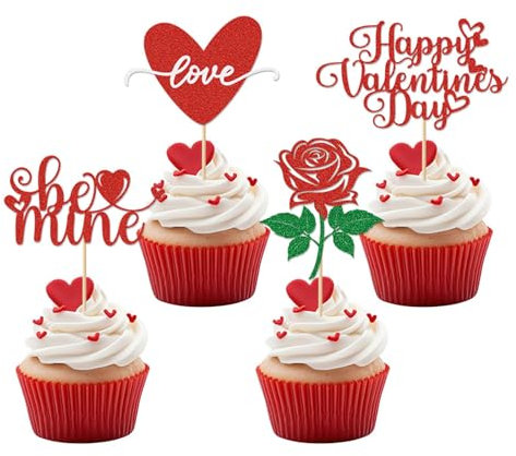 DazzJoy Glitzer Cupcake Deko Valentinstag,Valentines Day Deko,12 Stück Cupcake Topper Valentinstag Deko,Happy Valentine's Day Tortendeko,Valentinstag Kuchendeko Herzen Rose,Valentinstag Party Deko