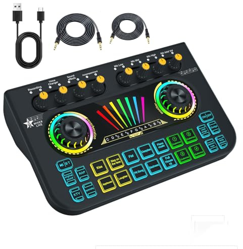 Gaming Audio Mixer Sound Board Mixer w USB Audio Interface Voice Changer, All-in-One Podcast Live Sound Card for Streaming w Soundboard Customizable Soundpads for PC Smartphone Recording Broadcasting