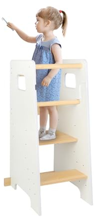 Lernturm für Kinder aus Robuster Holz - mit 3 höhenverstellbaren Ebenen - Tritthocker Kinder - Learning Tower, Kinder Lernturm, Baby Stehen Fußstuhl (Weiß)