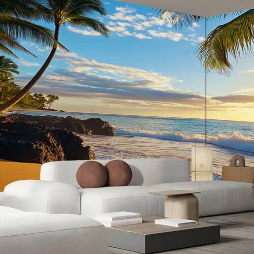Papier peint tissu de soie Mural 450x315cm (L×H), Doré Sable Moderne Salon Chambre à Coucherr Salle Muraux Tapisserie Photo, 3D Plage Vue Peintures Murales HD Papier Peint
