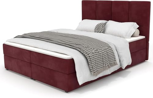 Muralo Boxspringbett 180x200 cm mit Bettkasten - Dunkelrot | Doppelbett mit Bonell-Matratze H4, Gepolstertem Kopfteil, Samtbezug, Wasserabweisend & Kratzfest