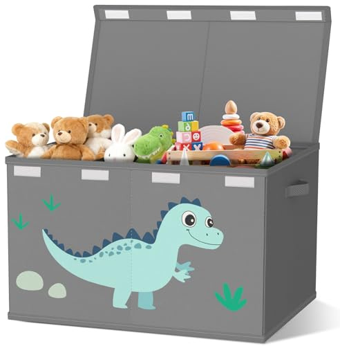 VERONLY Toy Storage Box with Lids for Boys Girls - Fabric Large Kids Toy Chest Container, Foldable Basket Organiser with 2 handles for Toys,Books,Blankets,Clothes (Grey)