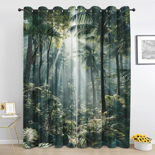 Generisch Regenwald Vorhang Blickdicht Palmen Wald Dschungel Pflanze Blätter Vorhänge Schlafzimmer, Wohnzimmer Blackout Curtain Mit ösen Thermovorhang Kälteschutz H 225 x B 140 cm 2er Set