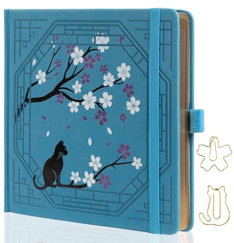 TIEFOSSI Gepunktetes Katzenbuch m.Quadrat,Unisex,160 S. 160g/m²,20,3x20,3cm | Schönes Notizbuch für Frauen & Mädchen, Vintage-Tagebuch mit Sakura-Muster, ästhet. Diary z. Schreiben & Zeichnen,Goldschnitt