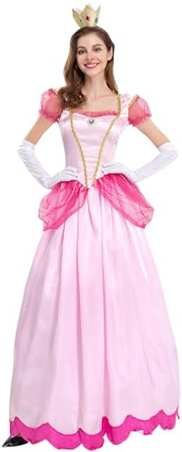 YOSICIL Cosplay Robe de Princesse Peach pour Adulte avec Couronne et Gants Jeu de Rôle Halloween Soirée Déguisée Cérémonie, Rose, M