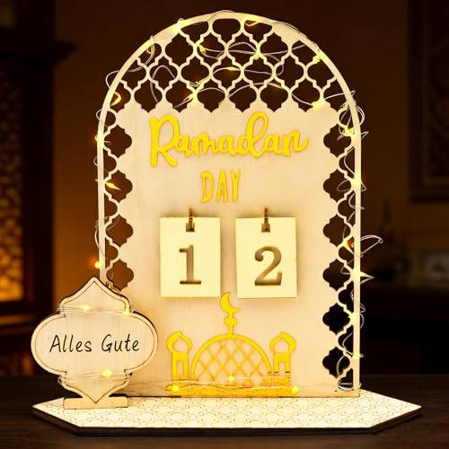 GEVECORI Ramadan Kalender mit LED Lichterkette, DIY Ramadan Deko Aus Holz, Ramadan Adventskalender Eid Mubarak Dekoration, Ramadan Geschenke für Kinder Familien