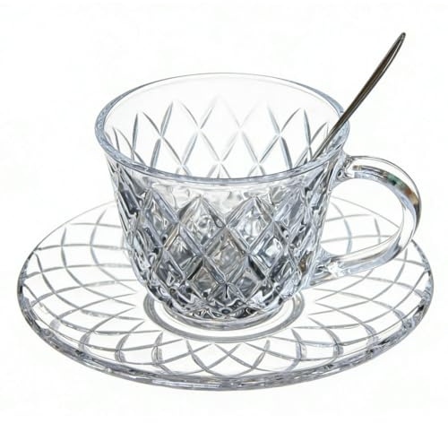 British Style Clear Glass Cup and Saucer Set with Spoon, 200ml Vintage Diamond Embossed Tea Cup with Handle, Coffee Cup for Cappuccino, Latte, Espresso, English Afternoon Tea, Dessert Plate