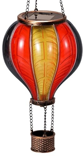 Solar Laterne im Heißluftballon Design mit Flammeneffekt Beleuchtung | 20 warm-weiße Lichter | Solarleuchte zum hängen | inkl. Metallkette | Gesamthöhe ca. 46,5 cm (WM-Edition (schwarz-rot-gold))