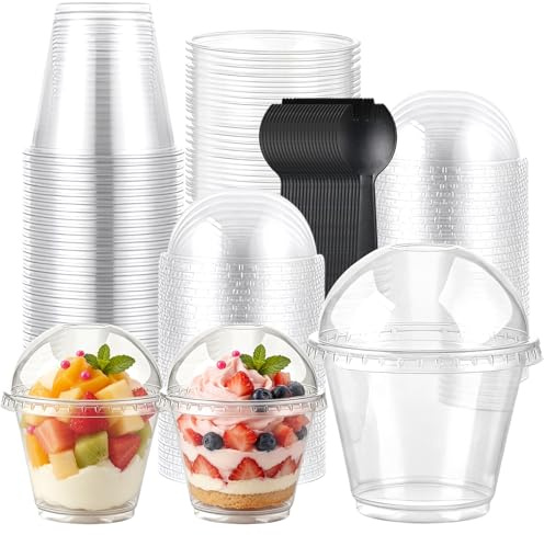 50 Stück Kunststoff Dessertbecher mit Deckel, 260ml Runde Dessertbecher | Transparenter Parfait Vorspeisenbecher, Wiederverwendbar, Desserttassen mit Göffeln für Dessert Pudding Mousse Eiscreme Party