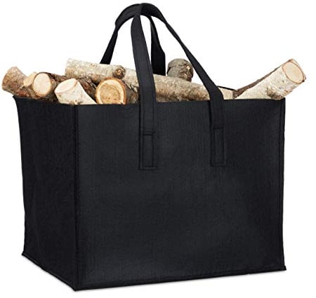 Relaxdays Kaminholzkorb, 2 Griffe, faltbar, Zeitungshalter, Filzkorb Kaminholztasche Filz, Schwarz, 1 Stück