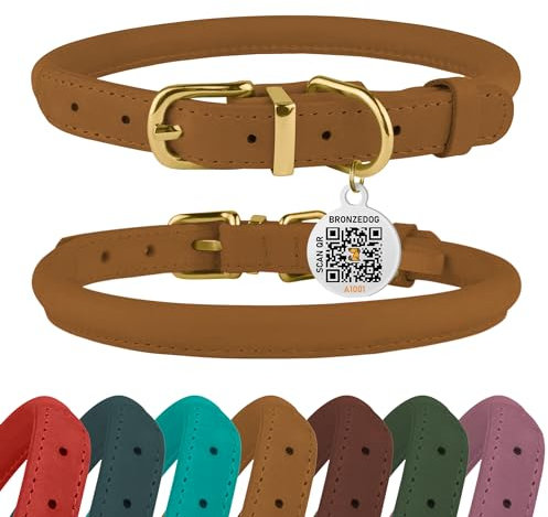 BRONZEDOG Hundehalsband aus gerolltem Leder mit QR-ID-Tag, verstellbar, weiche runde Halsbänder für kleine, mittelgroße und große Hunde, Welpen, Katzen (Hellbraun, 18-25 cm)