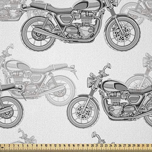 ABAKUHAUS Motorrad Stoff als Meterware, Details in Graustufen, Microfaser Stoff für Dekoratives Basteln, 1M (230x100cm), Weiß Schwarz Grau