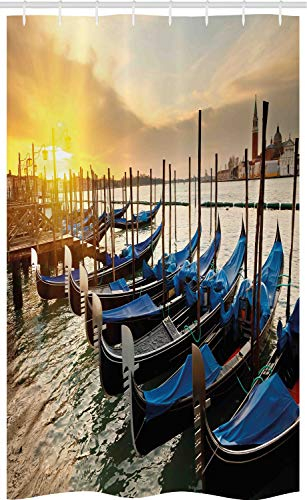 ABAKUHAUS Venedig Schmaler Duschvorhang, Gondeln Linie auf Wasser, Badezimmer Deko Set aus Stoff mit Haken, 120 x 180 cm, Blau Gelb