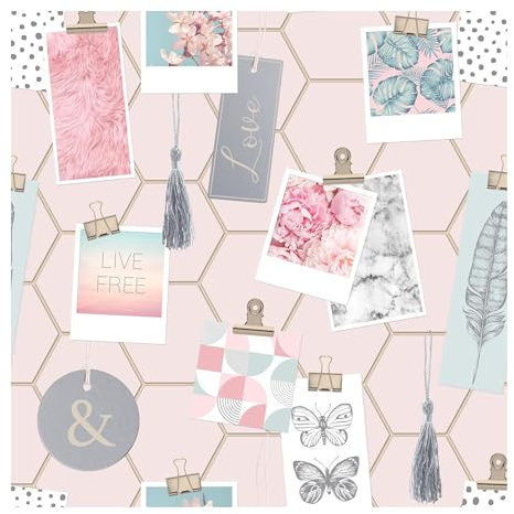 Fresco Pink Clip Frames Wallpaper - Paste The Paper - Pink & Multicoloured Wallpaper - Geometric Hexagonal Photo Clip Design - Feature or 4 Wall Design - Cover for Small Cracks