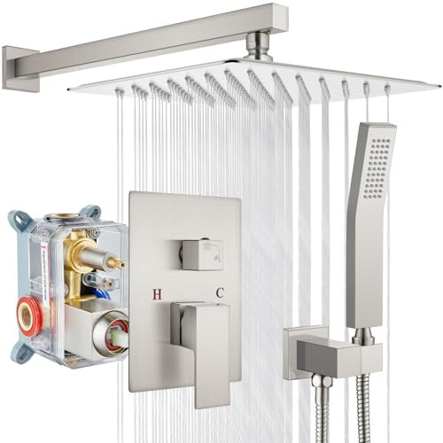 gotonovo Rainfall Badezimmer Duschsystem Regendusche Kopf und Griff Set Wandmontage Dusche Komplett Combo Massives Messing Druckausgleichende Dusche Mischventil 10 Zoll Gebürstetes Nickel