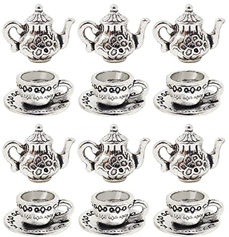 Honbay 40PCS Metal Teapot Tea Cup Charms Pendant Antique Silver Plated Coffee Mug Jewelry Findings for DIY Necklace Earring Bracelet Keychain Craft Making, Metal, No Gemstone