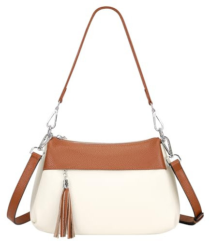 Over Earth Leder-Handtaschen für Damen, kleine Hobo-Umhängetasche, Damen-Umhängetasche, 06-weiß/braun, Einheitsgröße