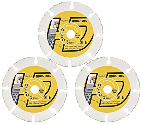HIGHDRIL Lot de 3 lames de scie circulaire de 3 pouces – Disque de coupe en carbure avec arbre de 10 mm pour bois, plaques de plâtre, fibre de verre, tuyaux en caoutchouc, plastique, résidus de ciment