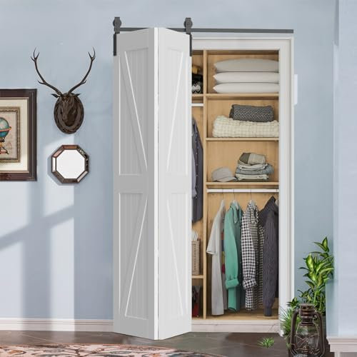 ROOMTEC 3FT Bi-Folding Sliding Barn Door Hardware Track Kit, Black Roller Kit for 2 Doors, J Shape(No Door)